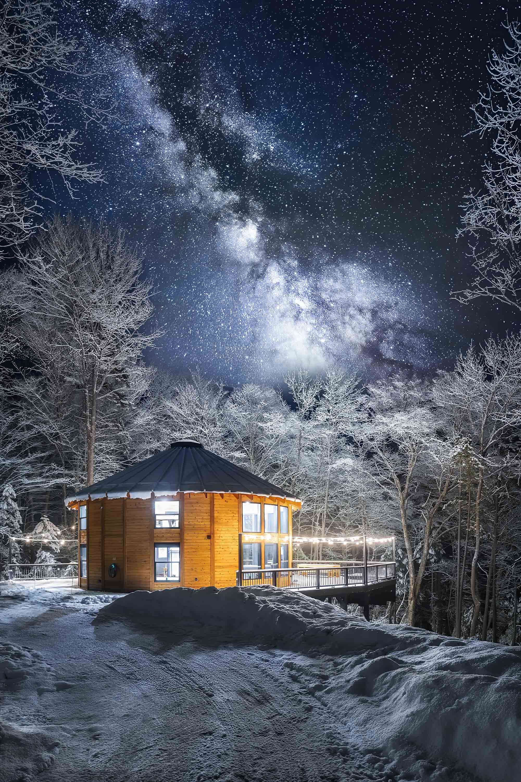<span class="uc_style_uc_tiles_grid_image_elementor_uc_items_attribute_title" style="color:#ffffff;">50. Dramatic Night Exterior with Milky Way Sky, Snow-Covered Trees, Lit Luxury Yurt, Hot Tub, Sauna, Starlink, EV Charger - Mount Snow Yurt</span>