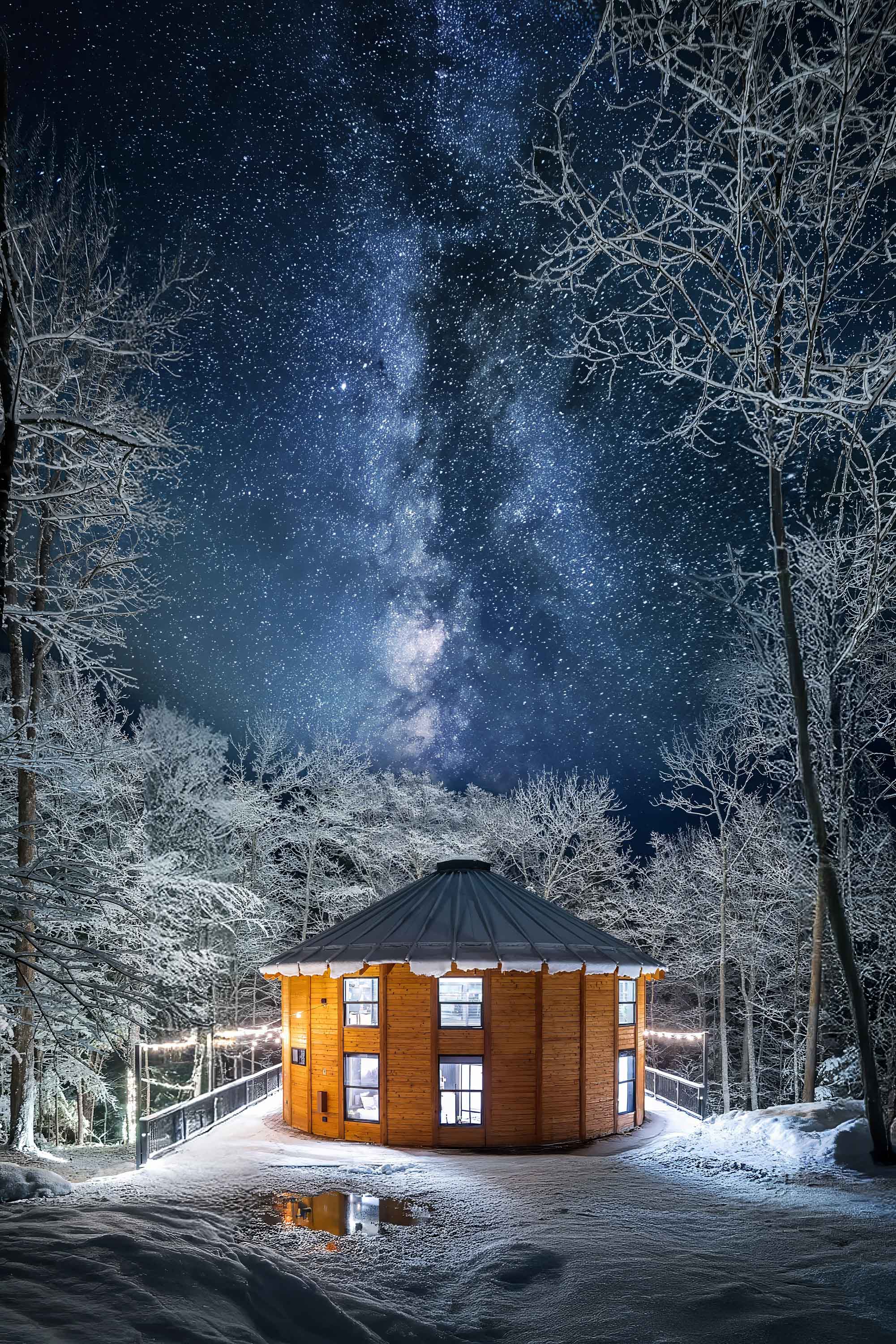 <span class="uc_style_uc_tiles_grid_image_elementor_uc_items_attribute_title" style="color:#ffffff;">51. Milky Way Galaxy Over Lit Luxury Yurt, Snowy Winter Scene with Frosted Trees, Hot Tub, Sauna, Starlink, EV Charger - Mount Snow Yurt</span>