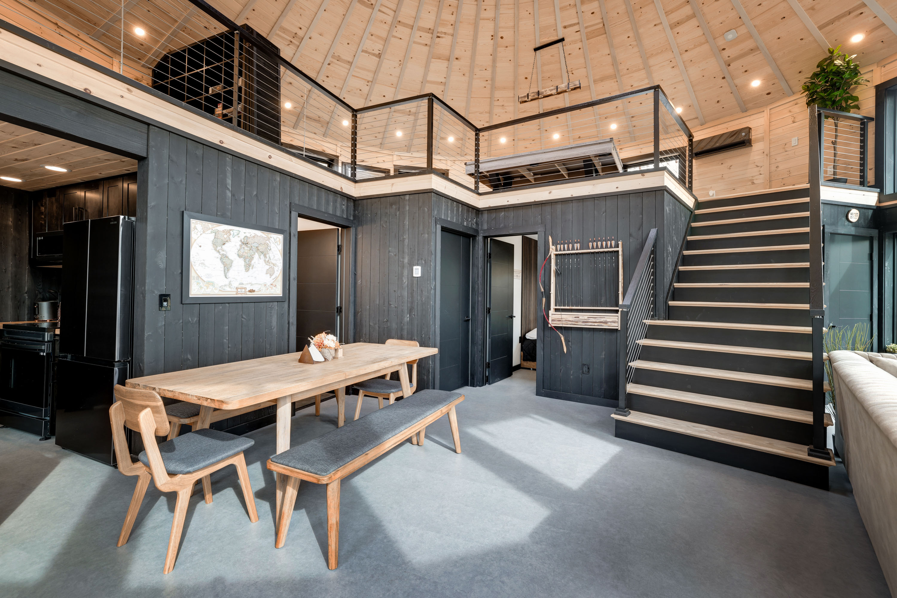 <span  class="uc_style_uc_tiles_grid_image_elementor_uc_items_attribute_title" style="color:#ffffff;">Modern Black-Yellow Interior, Archery Set, Dining Table for 8, Pin World Map, Stairs to Loft, Pool Table - Mount Snow Yurt</span>