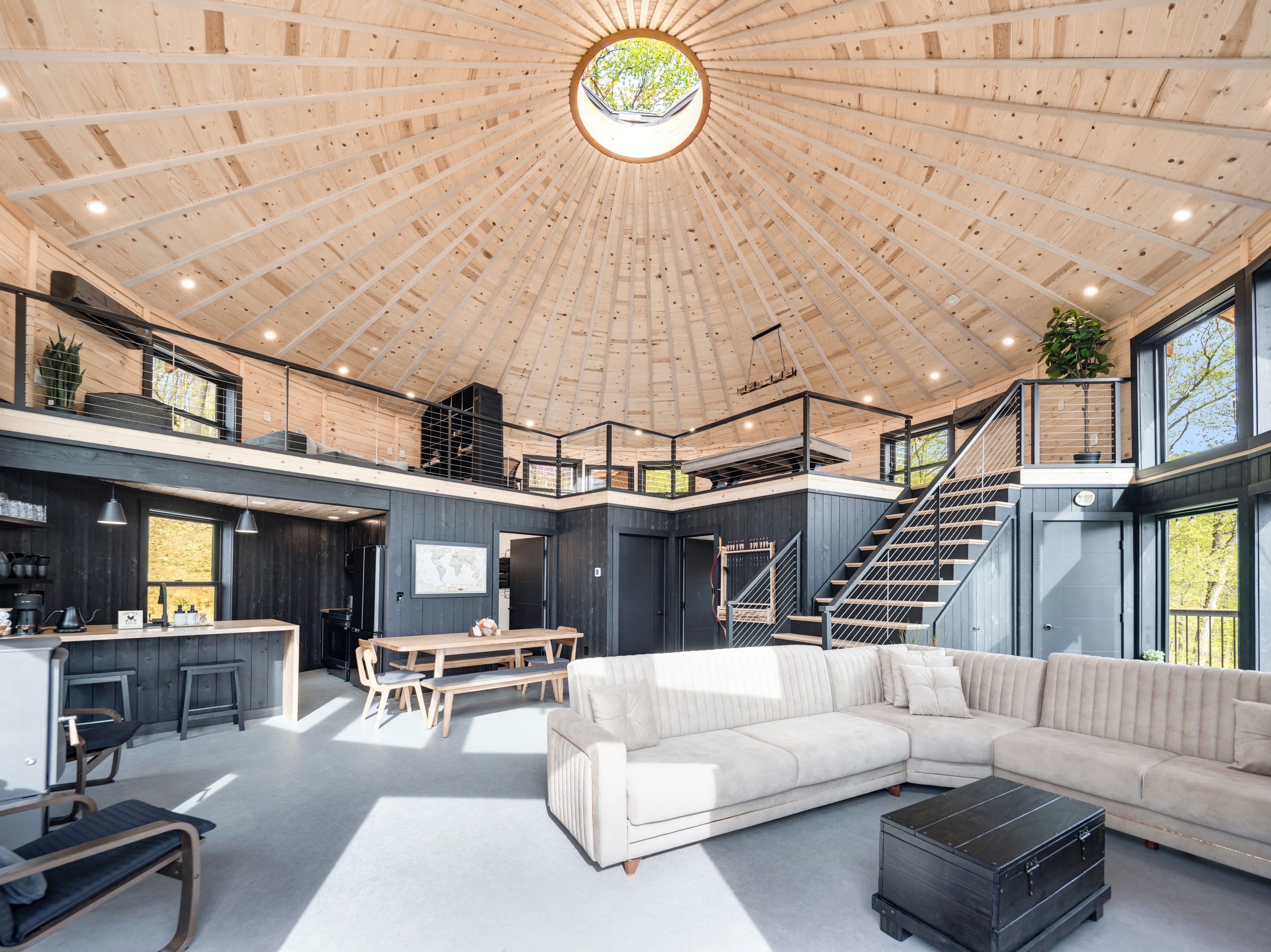 <span  class="uc_style_uc_tiles_grid_image_elementor_uc_items_attribute_title" style="color:#ffffff;">Panoramic Photo, Living Room, Kitchen, Wood Stove, Dining Table, Sofa, Lounge Chairs, Loft, Yurt Ceiling, Pool Table, Modern Black-Yellow Interior - Mount Snow Yurt</span>