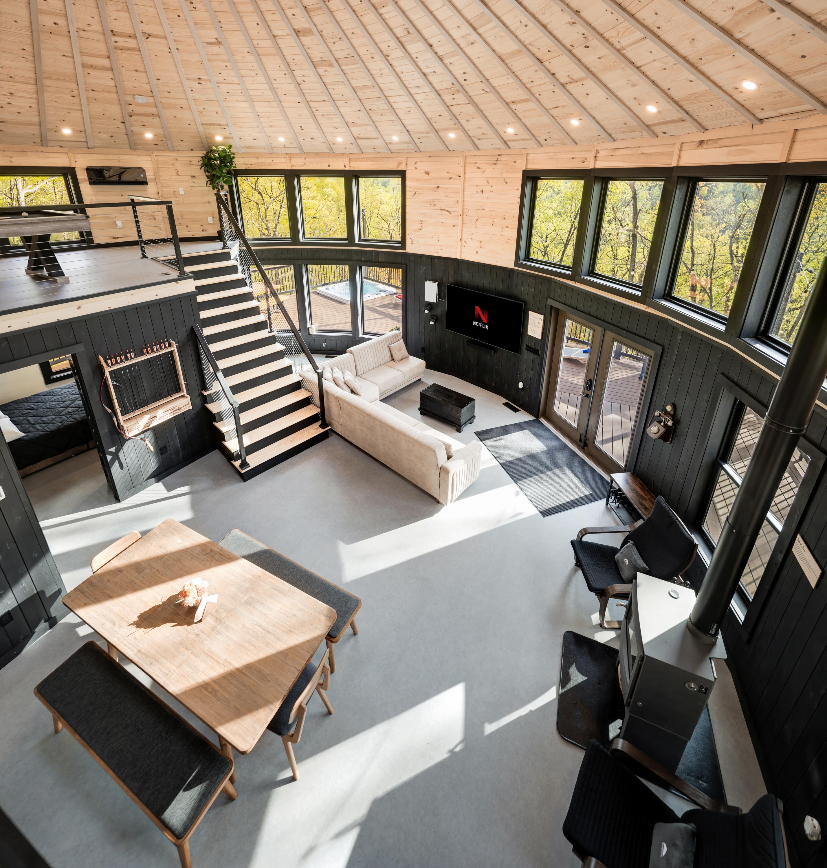 <span  class="uc_style_uc_tiles_grid_image_elementor_uc_items_attribute_title" style="color:#ffffff;">View from Loft, Dining Table, Wood Stove, Lounge Chairs, 75-inch TV, PS5, Panoramic Windows, Archery Set, Modern Interior - Mount Snow Yurt</span>